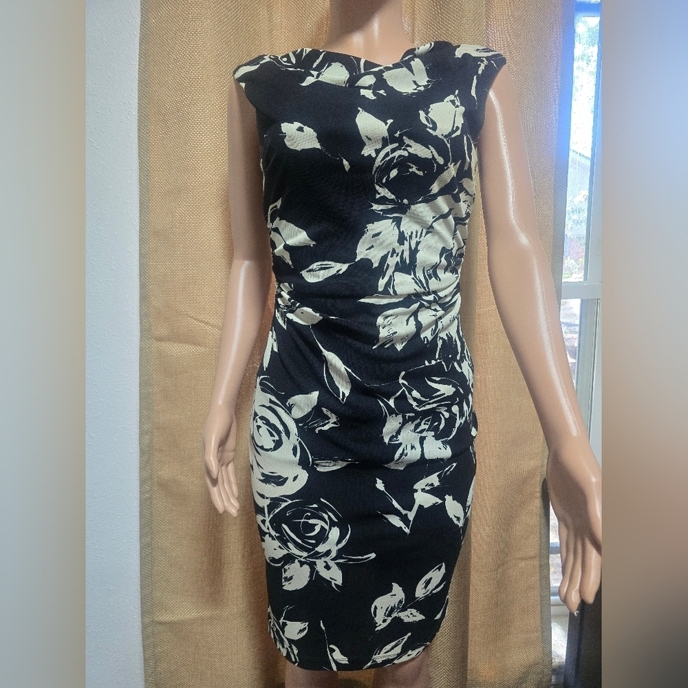 David Meister Black and Cream Floral Midi Dress